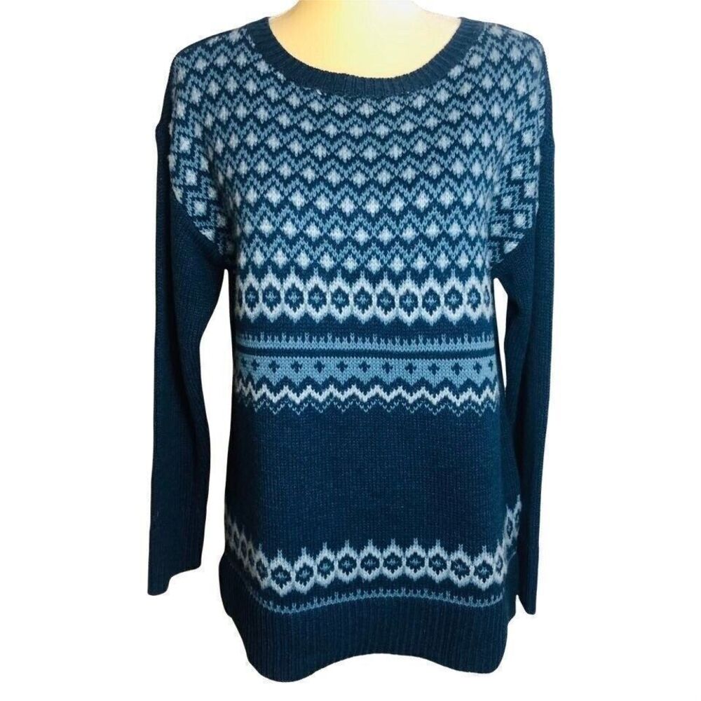 CHAPS Women's Long Sleeve Indigo‎ Blue Print Crew Neck Sweater Size M